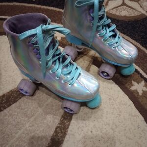 Kids Iridescent Roller Skates with Blue Laces
